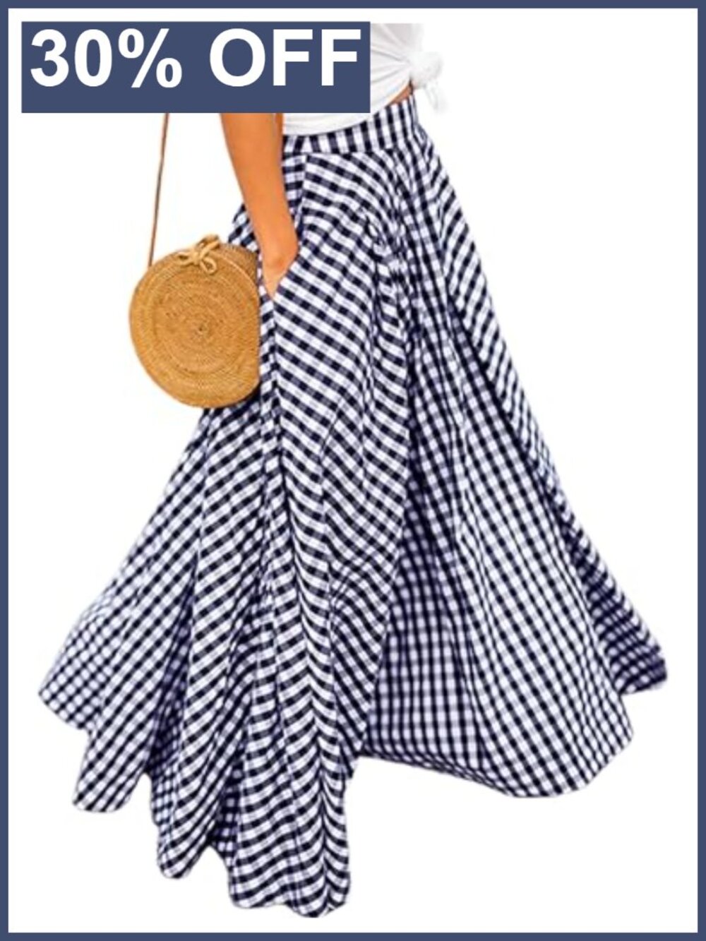 Pleated High Waist Gingham Plaid Maxi Skirt with Pockets
